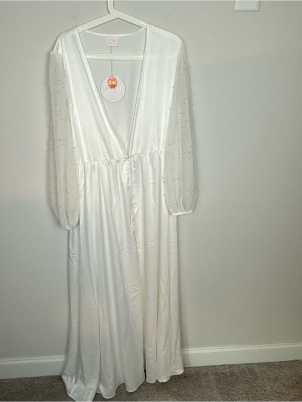Le Rose Storie Maxi Robe Bridal Women White Chiffon Sheer Dress Beads On Sleeves